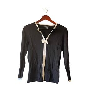 Vintage‎ 90s coquette Black White Bow Neck Ribbed Knit Long Sleeve Top Size L